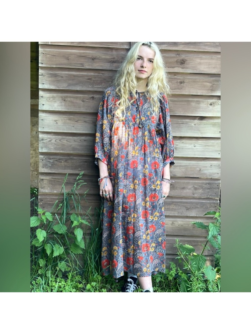 New Kashvi Boho 100% Cotton Dress - Grey/Red/Mustard/Taupe Floral